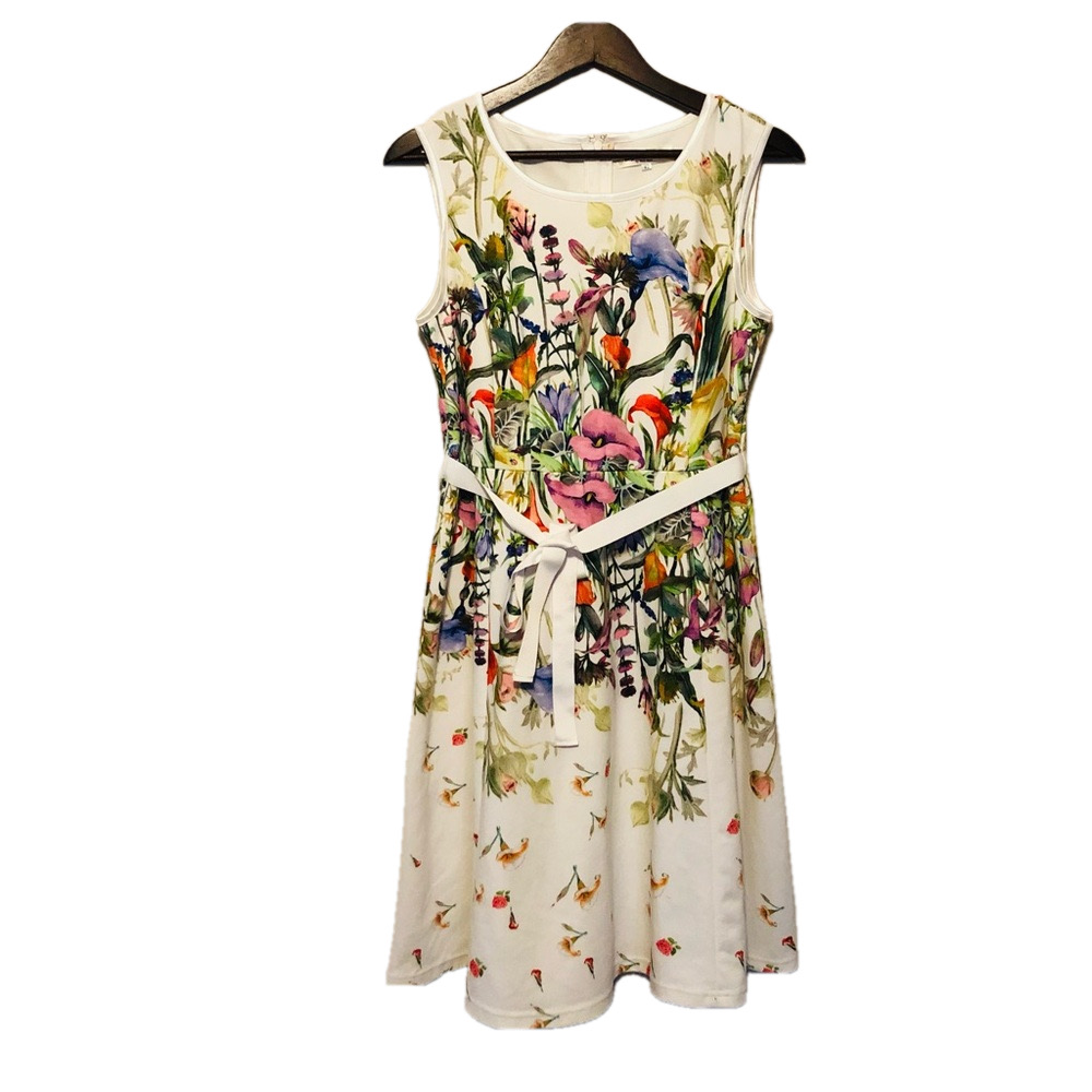 Floral Sleeveless Fit-and-Flare Dress in Cream